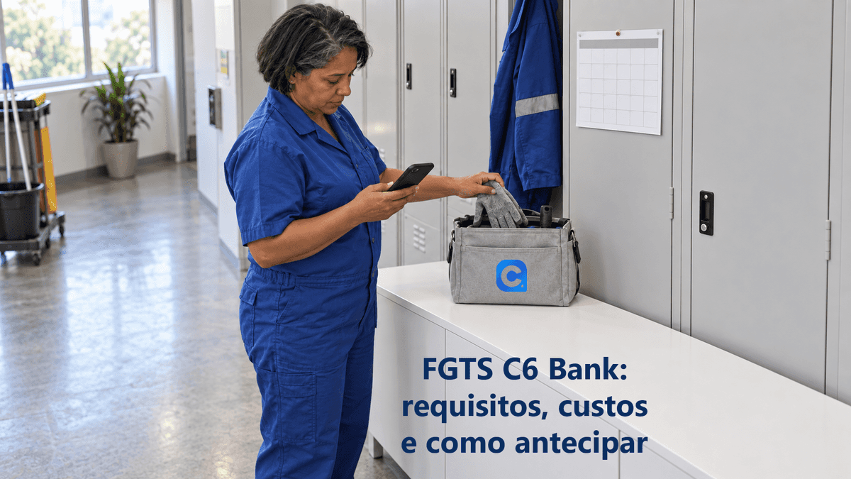 Trabalhadora de uniforme azul consulta o celular e guarda uma luva em bolsa com símbolo oficial do Meu Consig, junto a armários e calendário físico sem datas.