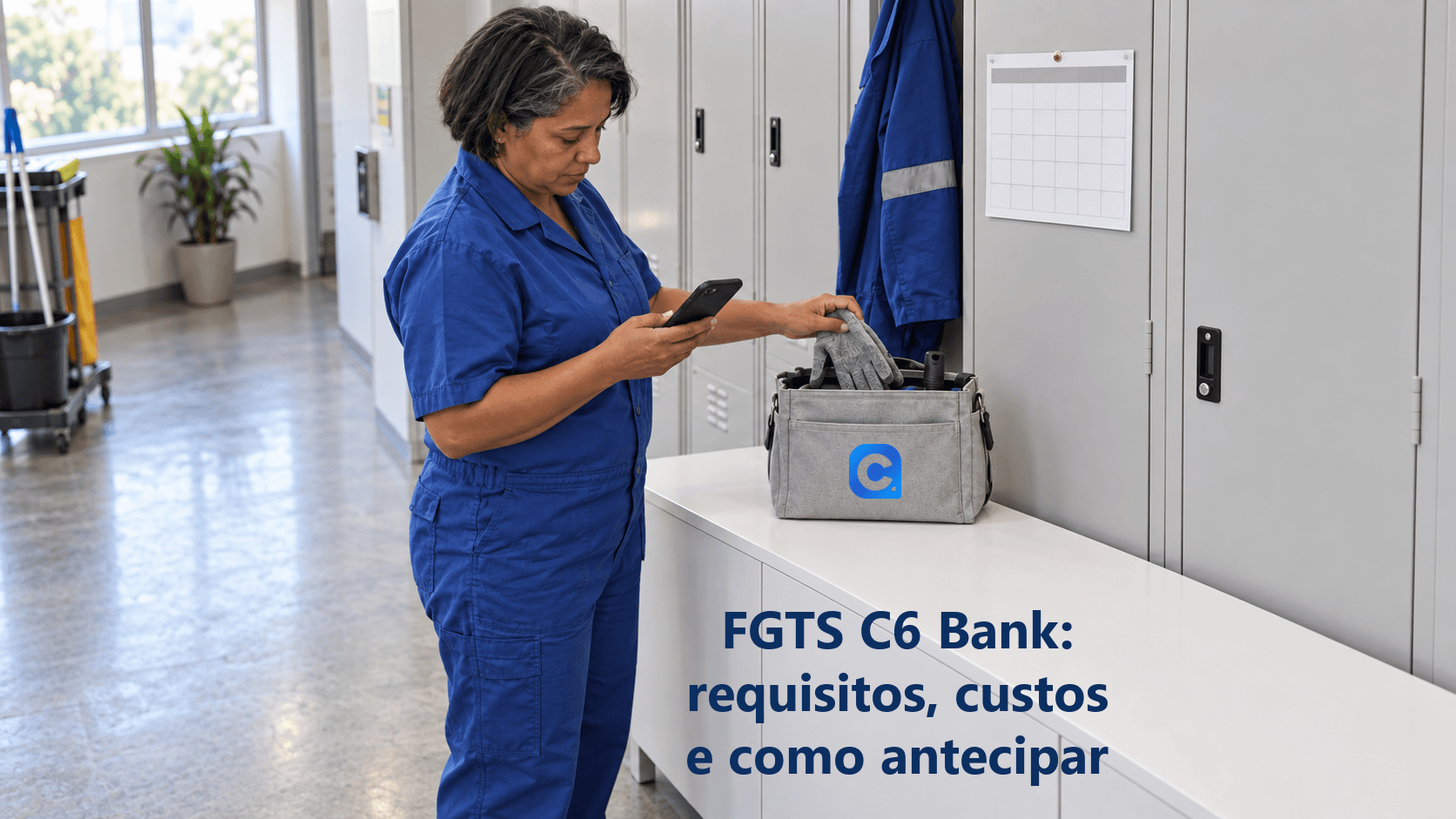 Trabalhadora de uniforme azul consulta o celular e guarda uma luva em bolsa com símbolo oficial do Meu Consig, junto a armários e calendário físico sem datas.