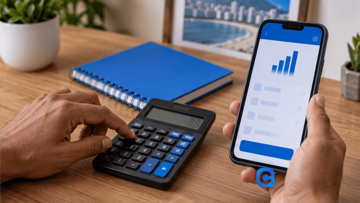 Trabalhador calcula porcentagem do saque-aniversário do FGTS com calculadora e caderno azul