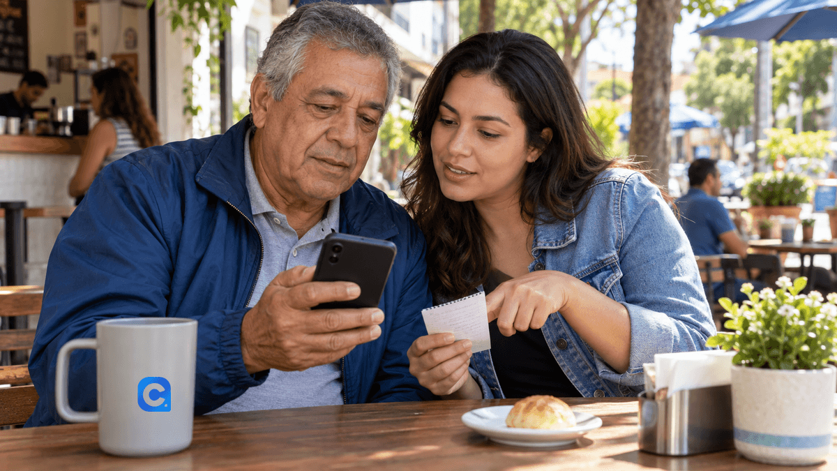 Pai e filha consultam um celular juntos em mesa de café