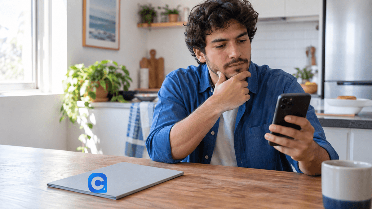 Homem jovem de roupa azul consulta o celular em casa.