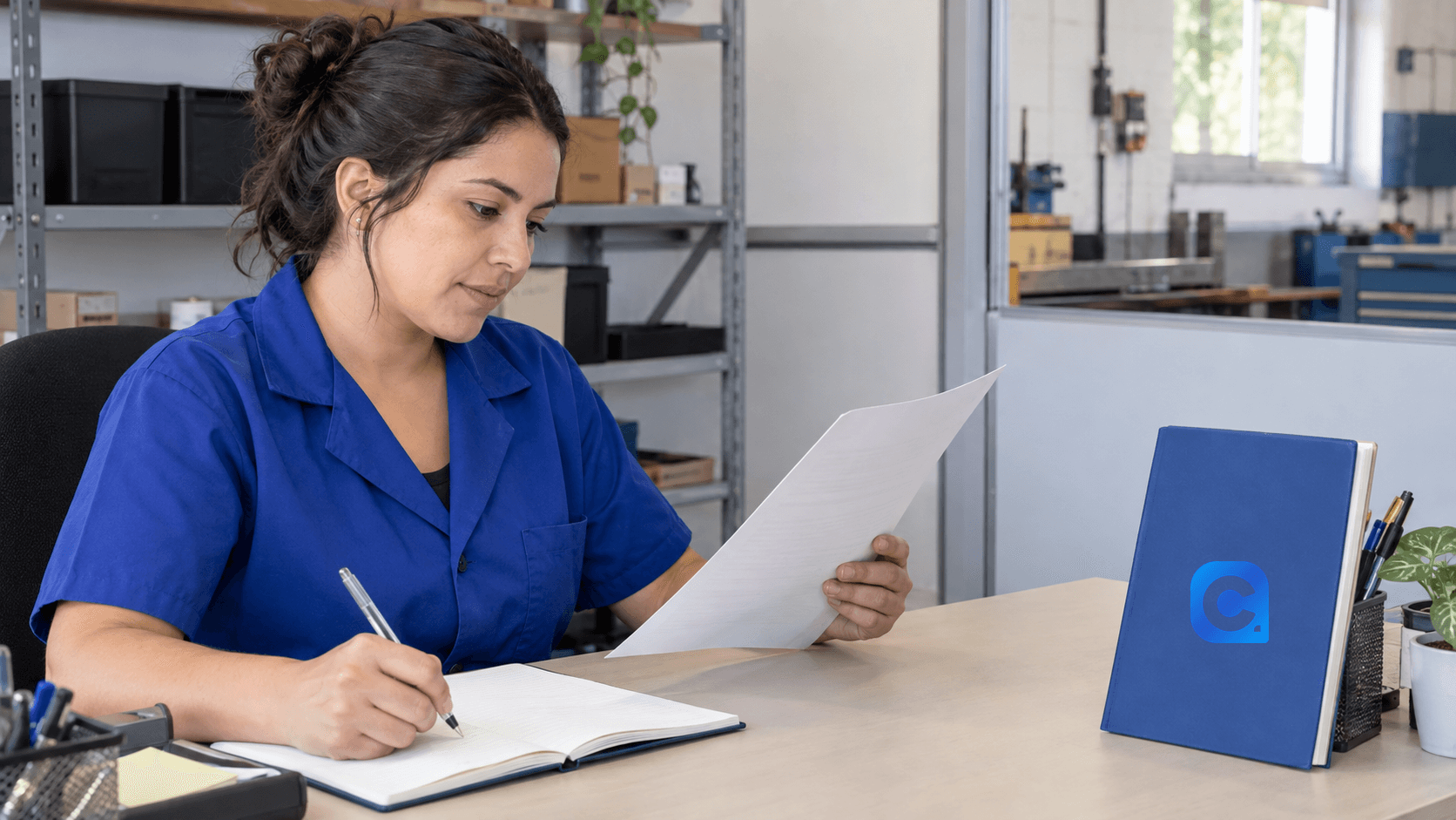 Trabalhadora de uniforme azul confere um papel e anota uma solicitação no trabalho, com símbolo Meu Consig no caderno azul sobre a mesa.