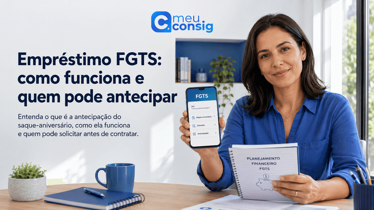 Trabalhadora consultando no aplicativo FGTS uma simulação de antecipação do saque-aniversário