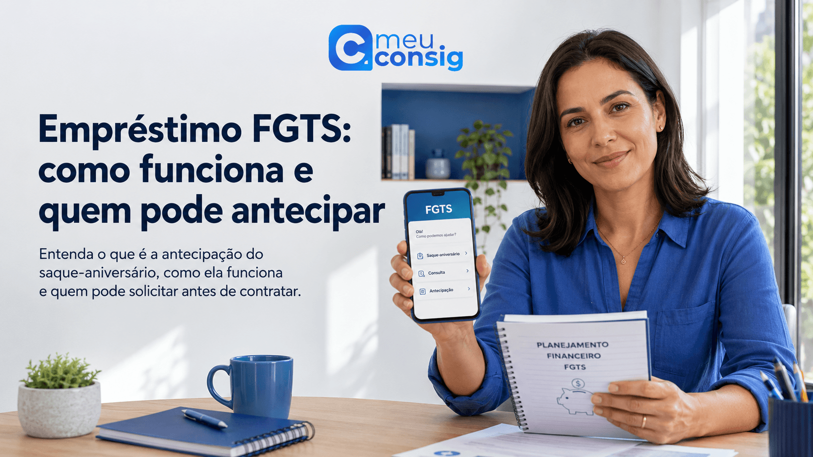 Trabalhadora consultando no aplicativo FGTS uma simulação de antecipação do saque-aniversário