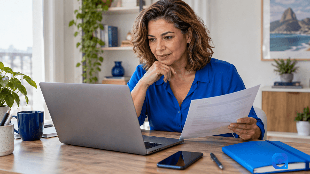 Cliente verificando uma oferta bancária no computador e em documentos.