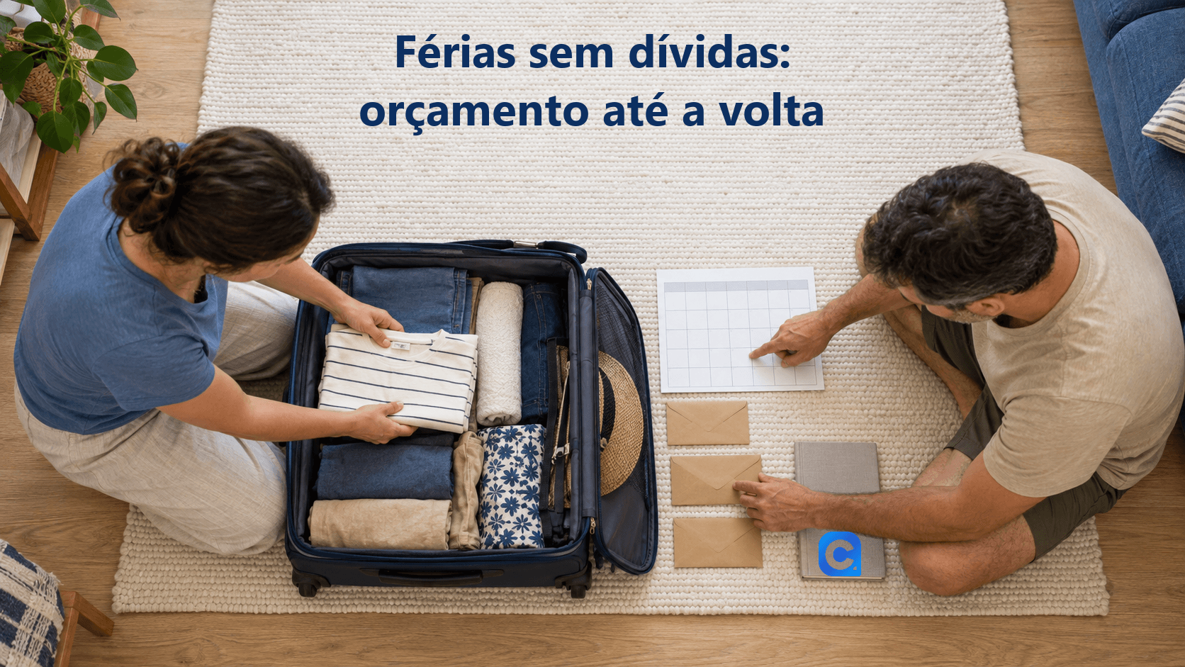 Casal prepara uma mala no chão enquanto confere calendário e envelopes de organização; um caderno cinza sobre o tapete traz o símbolo oficial do Meu Consig.