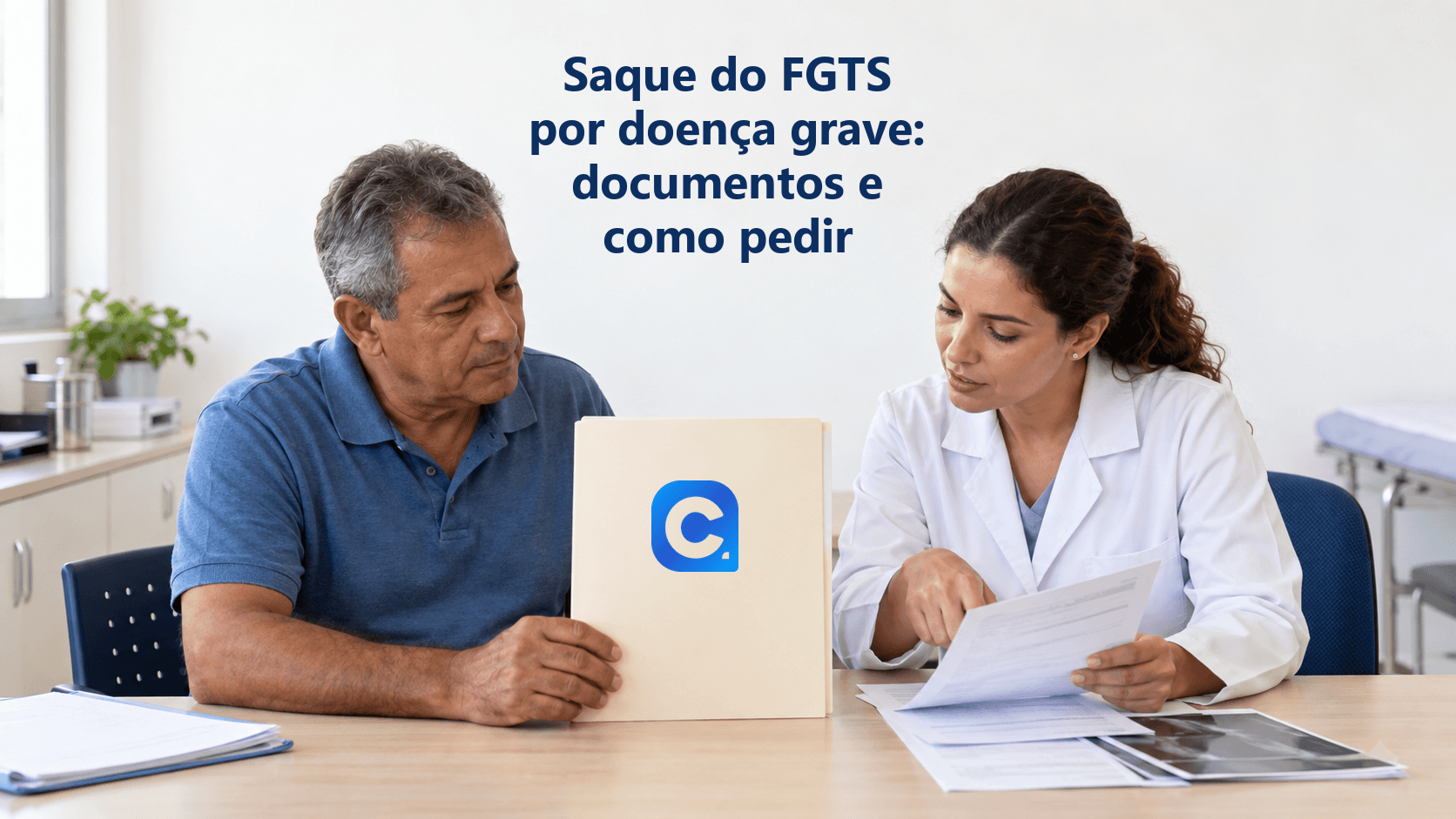 Trabalhador e profissional de saúde conferem documentos médicos ao lado de uma pasta com o símbolo oficial do Meu Consig.