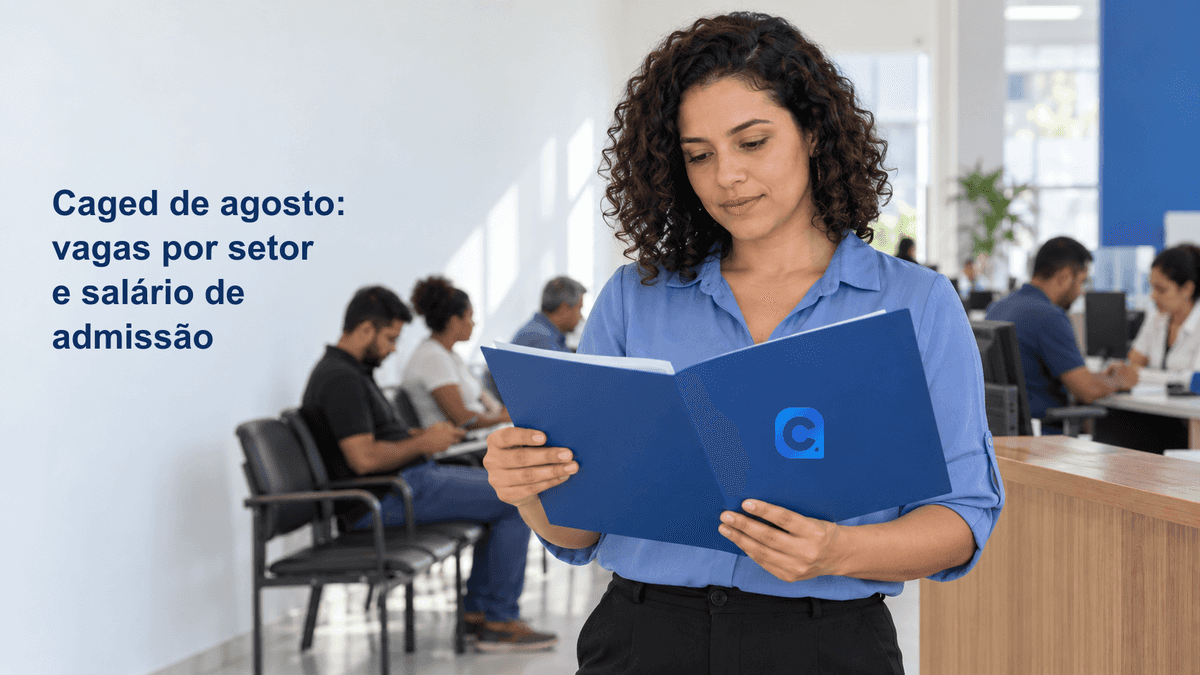 Profissional em centro de atendimento confere uma pasta azul; o símbolo Meu Consig aparece discretamente na capa da pasta.