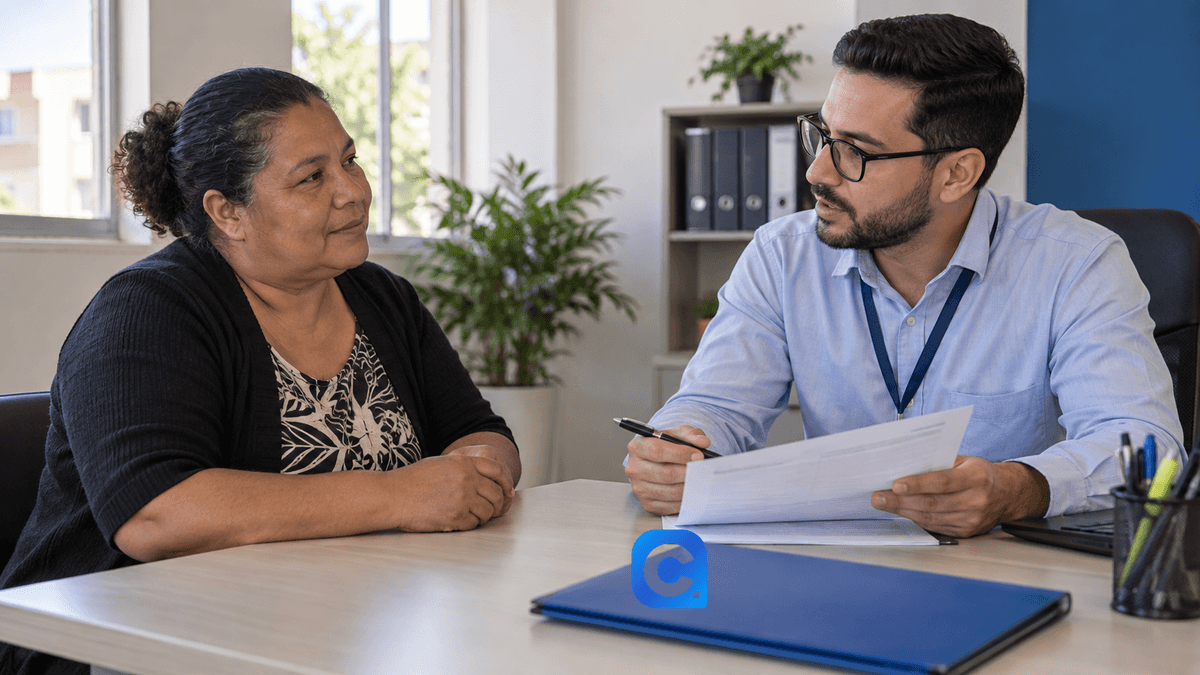 Beneficiária conversa com profissional sobre requerimento do BPC