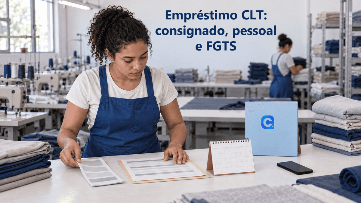 Trabalhadora de confecção com avental azul organiza dois registros e calendário durante uma pausa; uma pasta vertical apoiada na bancada traz o símbolo oficial do Meu Consig.