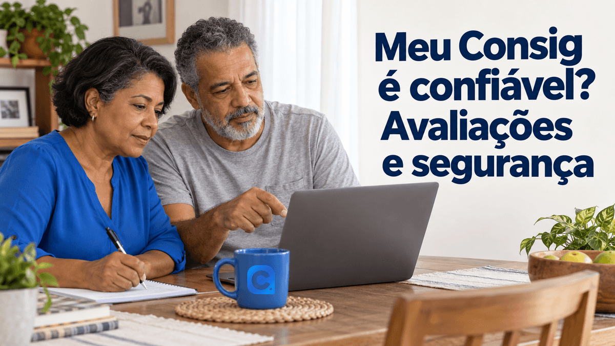 Casal confere informações no notebook em casa enquanto a mulher de blusa azul faz anotações, com o símbolo oficial do Meu Consig na caneca azul da mesa.