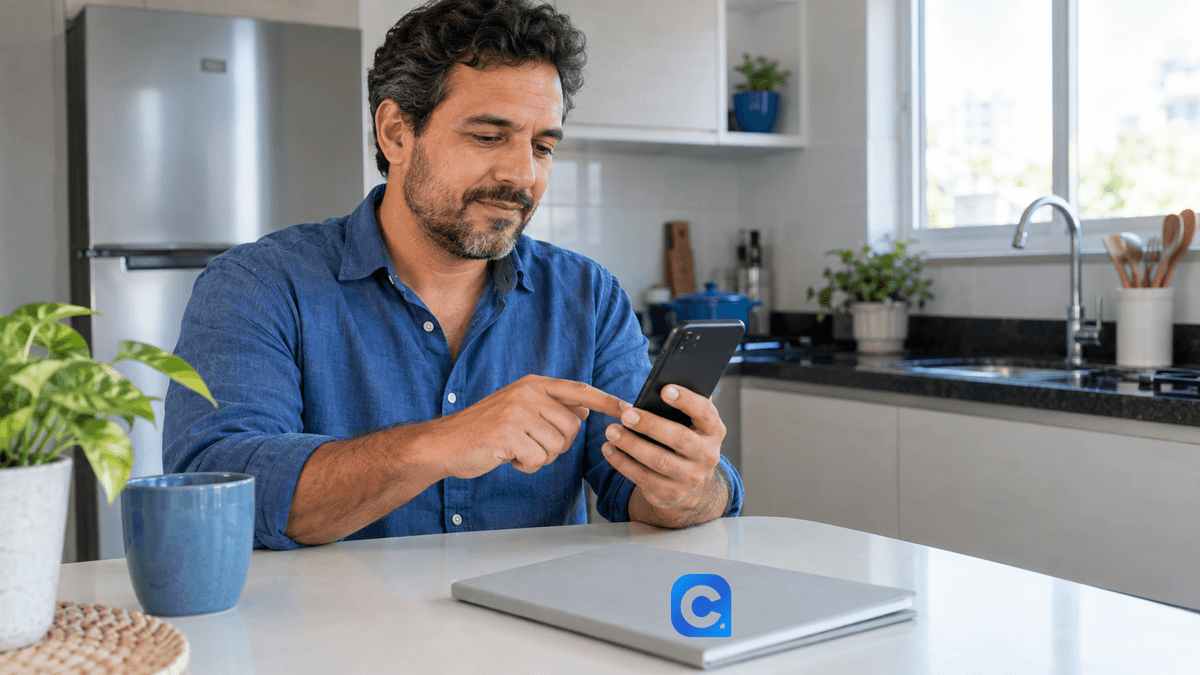 Homem de roupa azul consulta o celular em uma cozinha.