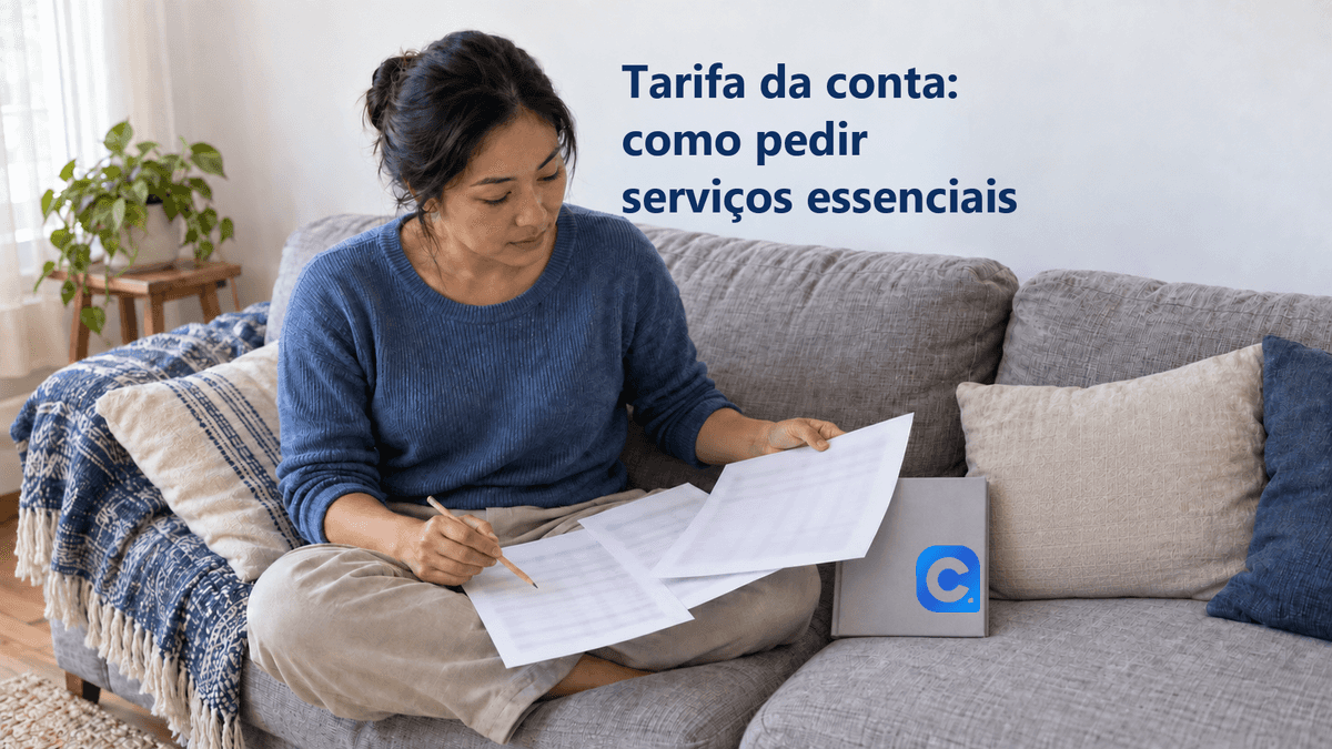 Mulher compara extratos bancários com um lápis no sofá, ao lado de um caderno contendo o símbolo oficial do Meu Consig.