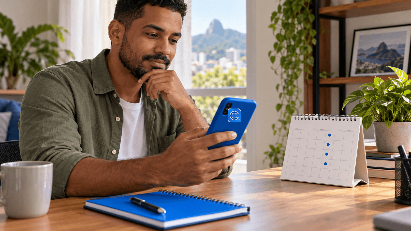 Trabalhador consulta no celular uma proposta de antecipação do saque-aniversário do FGTS.