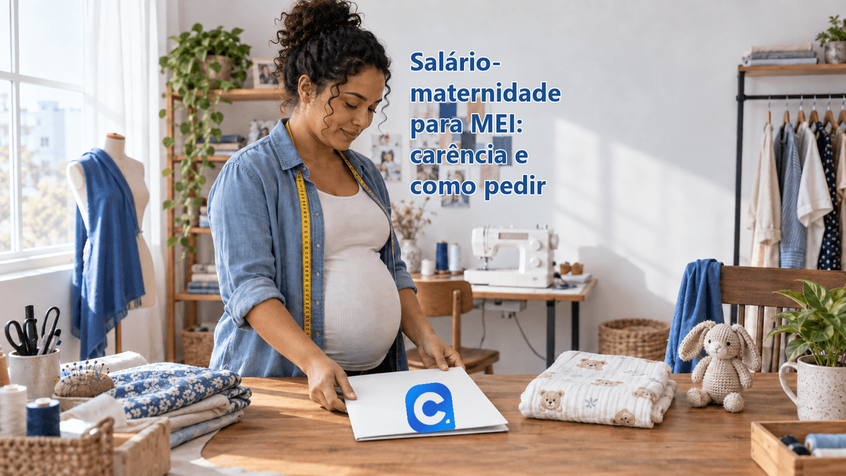 Costureira grávida organiza pasta branca no ateliê, com o símbolo oficial do Meu Consig.