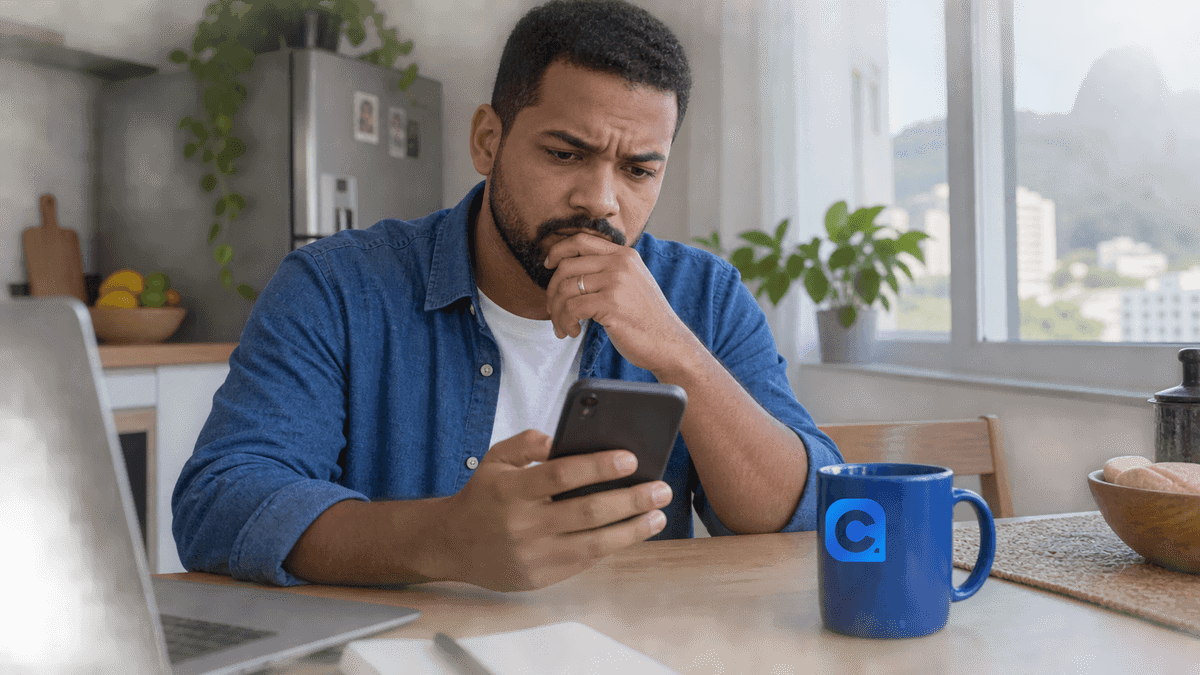 Trabalhador conferindo uma movimentação desconhecida no celular.