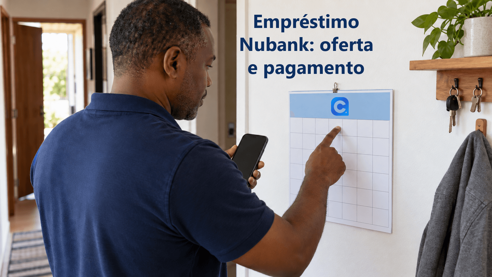 Homem consulta o próprio celular enquanto aponta uma célula de calendário no corredor de casa; o símbolo oficial do Meu Consig aparece uma vez no cabeçalho do calendário.