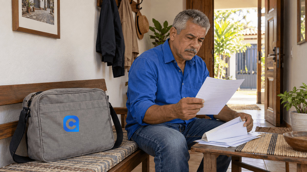 Homem de camisa azul organiza papéis e envelope na entrada de casa, com símbolo Meu Consig na bolsa cinza.