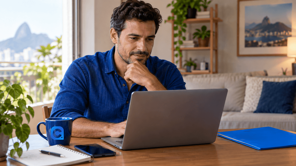 Cliente conferindo ofertas de empréstimo em computador em casa.