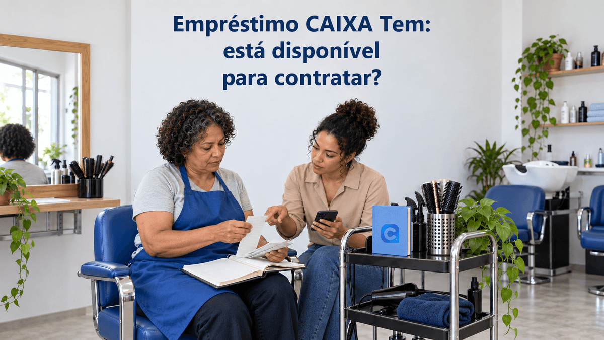 Duas mulheres revisam comprovantes antigos e um livro de registros em um salão de beleza enquanto consultam um celular; um caderno azul apoiado no carrinho traz o símbolo oficial do Meu Consig.