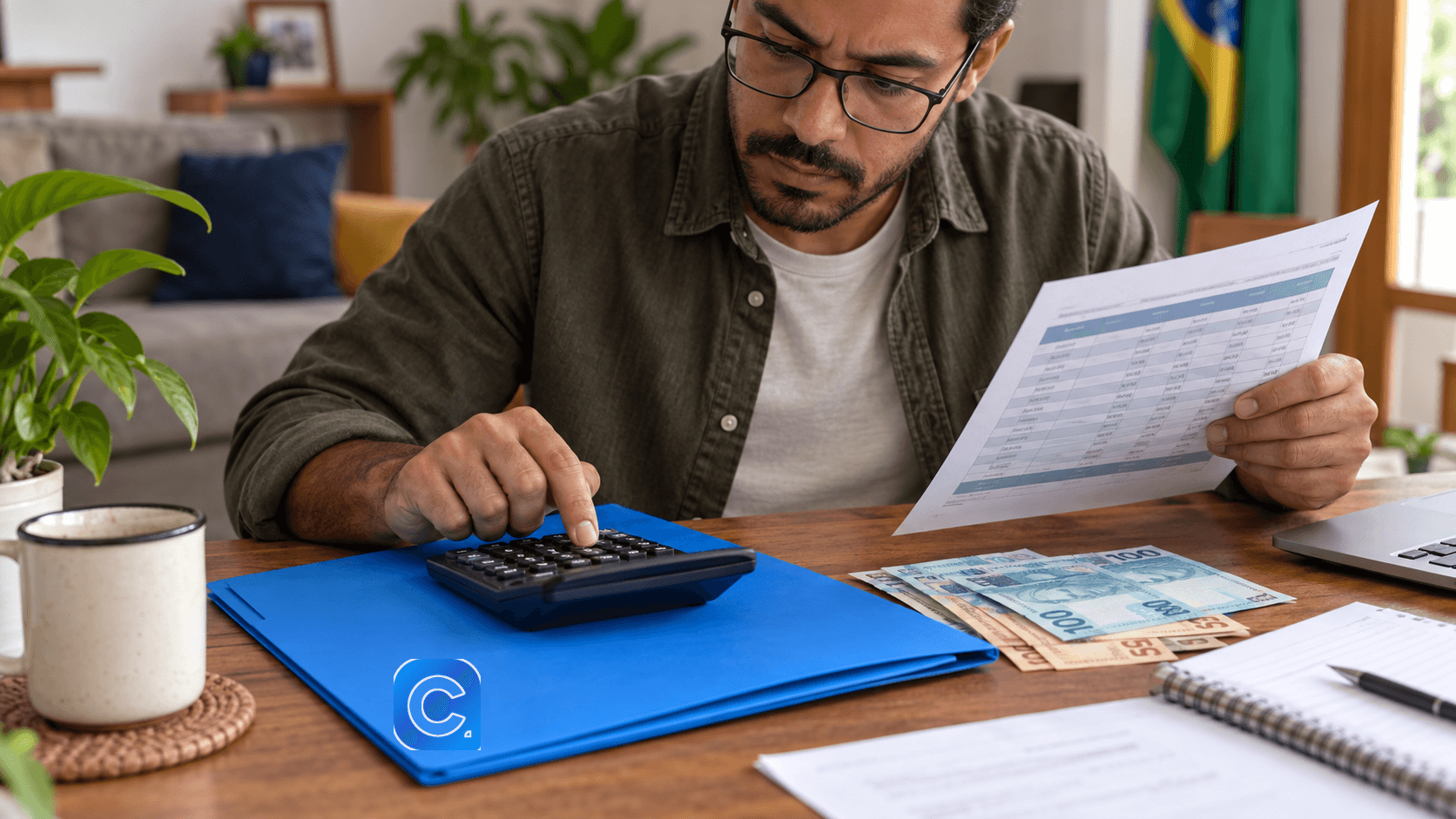 Pessoa compara no papel valor líquido e saques futuros de um empréstimo FGTS.