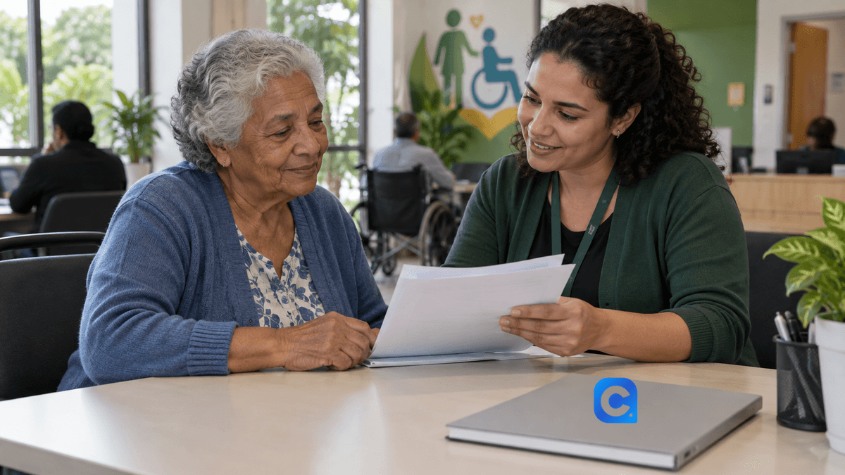 Idosa conversa com atendente sobre documentos do BPC em espaço de assistência social