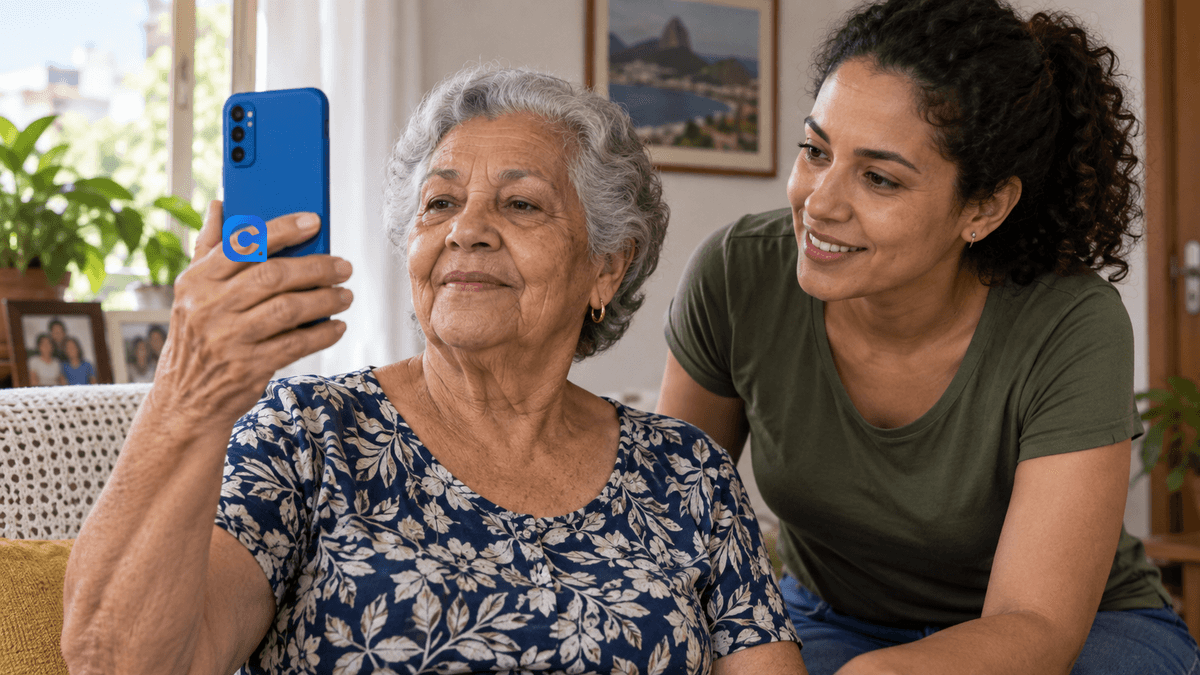Beneficiária confere validação de identidade no celular com ajuda familiar