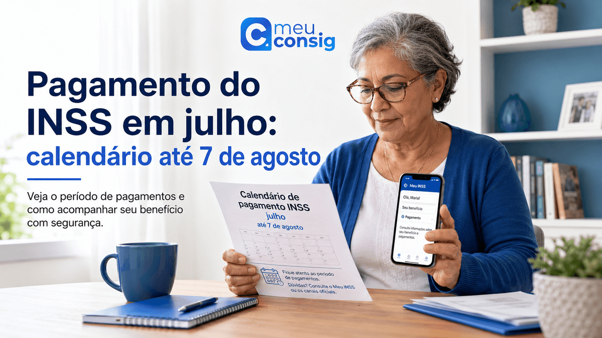 Aposentada consultando no celular o calendário de pagamentos do INSS de julho de 2026