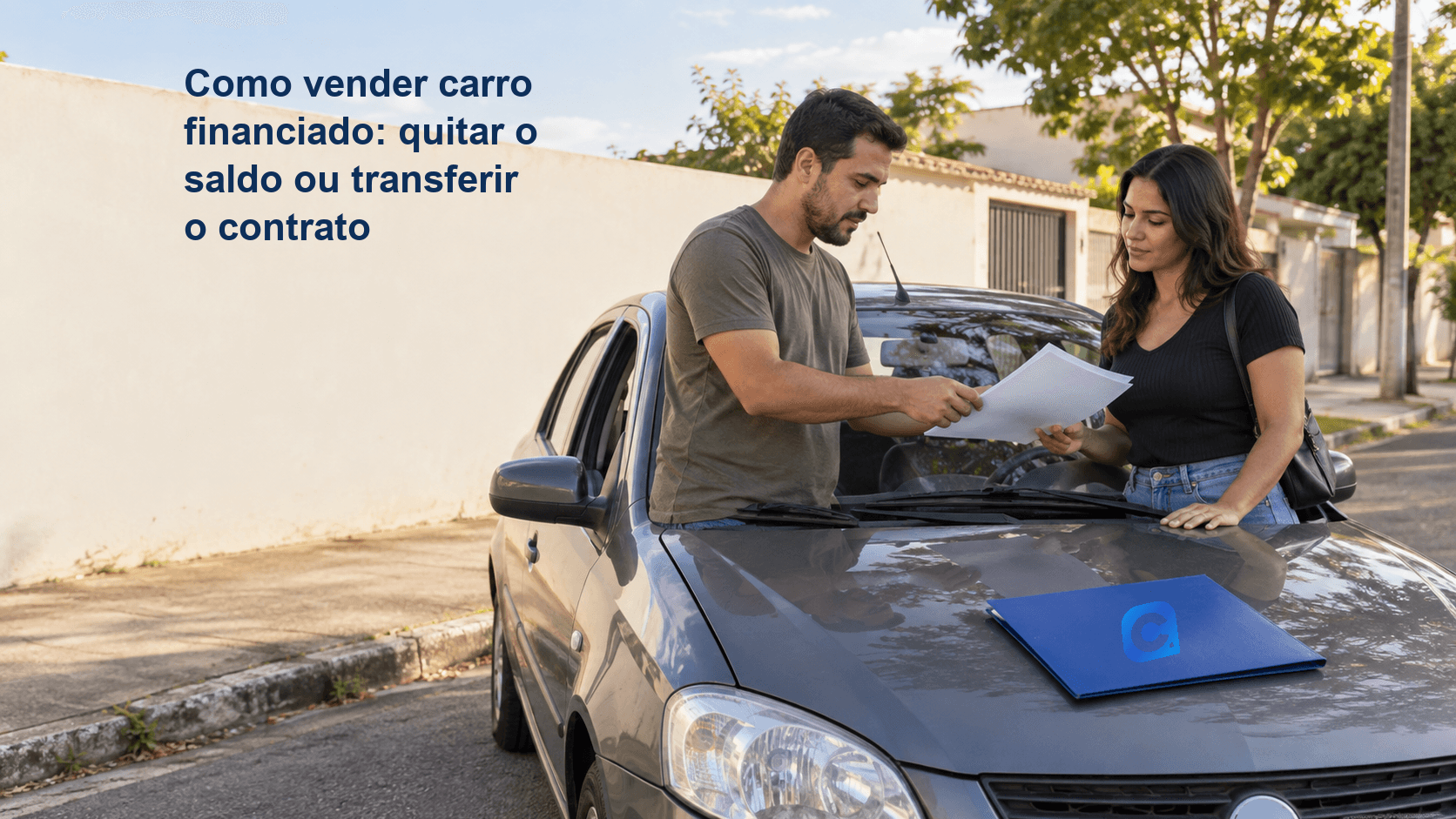 Vendedor e compradora conferem papéis ao lado de um carro, com pasta azul sobre o capô.
