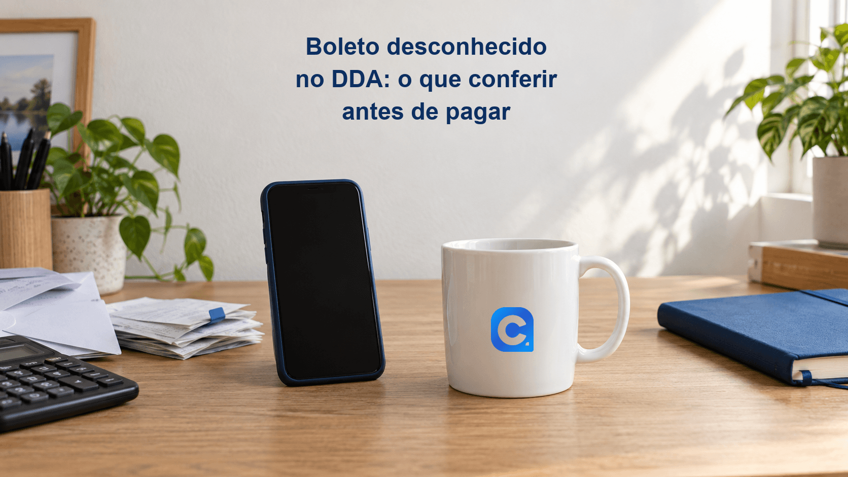 Celular e comprovantes usados na conferência de boleto; símbolo oficial do Meu Consig em caneca branca.
