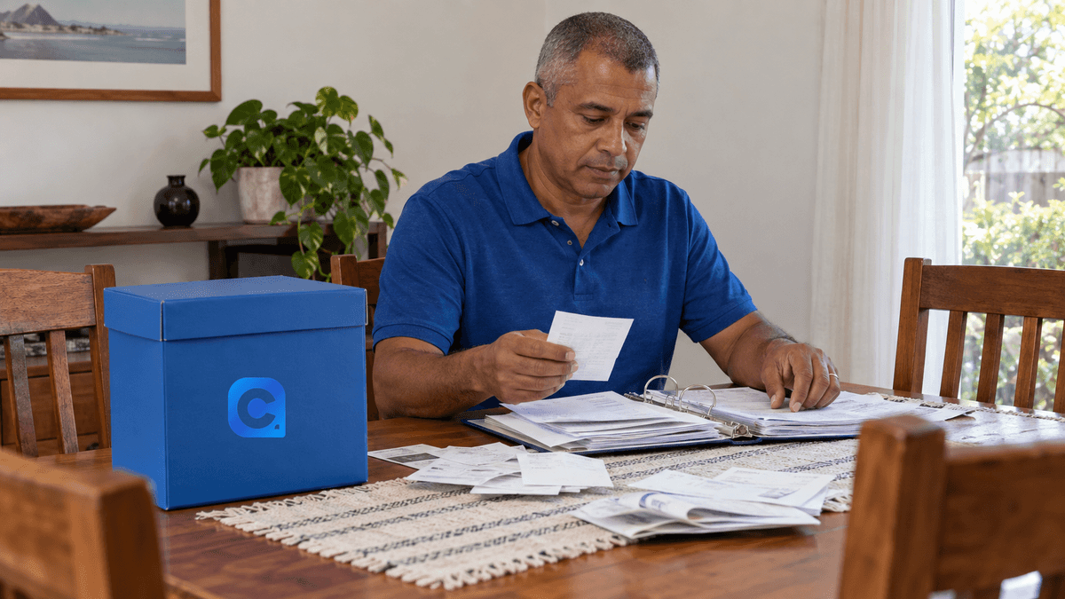 Homem de polo azul organiza comprovantes e um fichário aberto na mesa de jantar, com símbolo Meu Consig na caixa azul de arquivo.