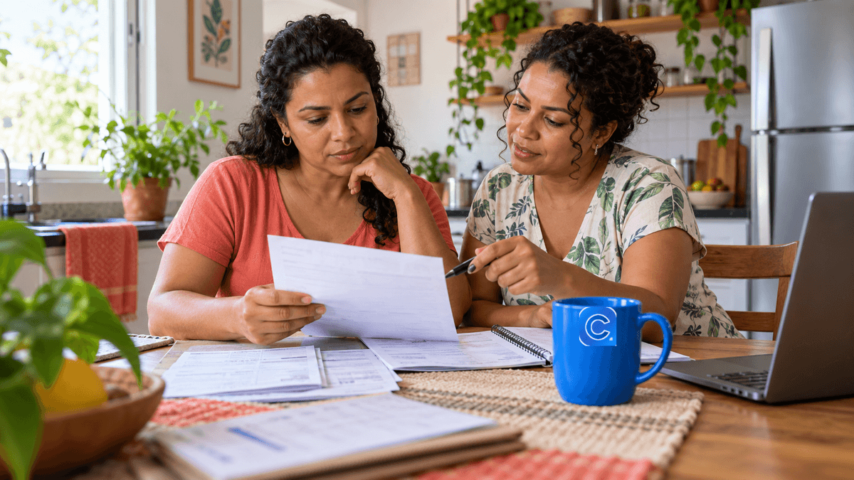 Familiares avaliam orçamento e proposta de empréstimo em casa.