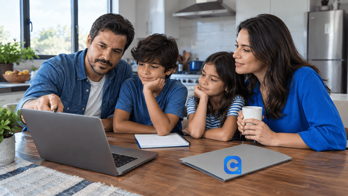 Pais e filhos acompanham o planejamento financeiro em um computador.