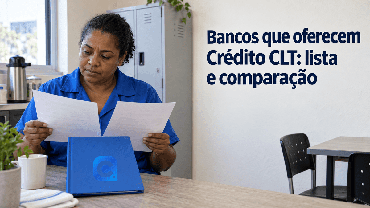Trabalhadora de uniforme azul compara dois documentos neutros no intervalo, com o símbolo oficial do Meu Consig na pasta azul sobre a mesa.