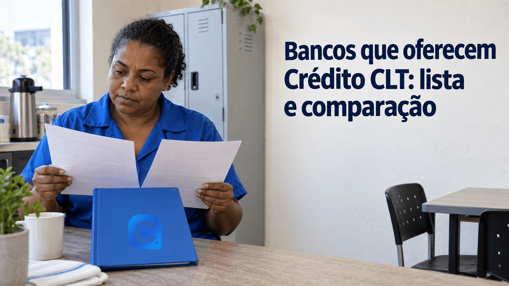 Trabalhadora de uniforme azul compara dois documentos neutros no intervalo, com o símbolo oficial do Meu Consig na pasta azul sobre a mesa.