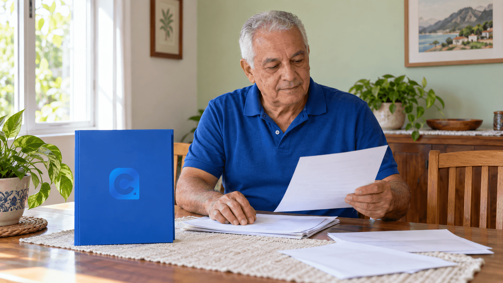 Aposentado de polo azul organiza papéis na mesa de casa, ao lado de porta-documentos azul com símbolo Meu Consig.