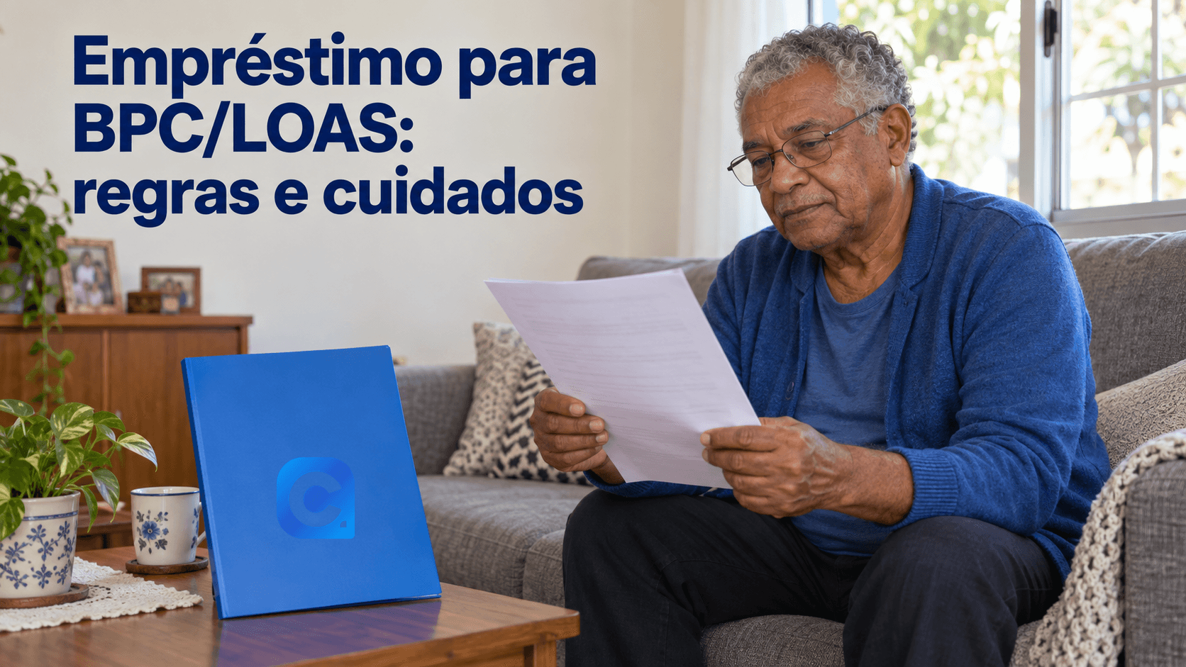 Idoso de roupa azul confere uma proposta genérica no sofá de casa, com o símbolo oficial do Meu Consig aplicado na pasta azul sobre a mesa.