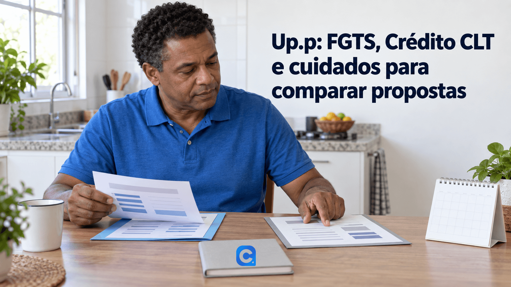 Homem de camisa azul compara dois demonstrativos sem dados pessoais, com calendário genérico e símbolo Meu Consig no caderno sobre a mesa.