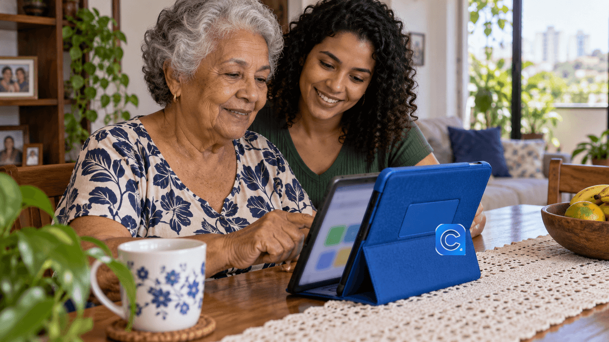 Aposentada acessa serviços do Meu INSS em um tablet com ajuda da família.