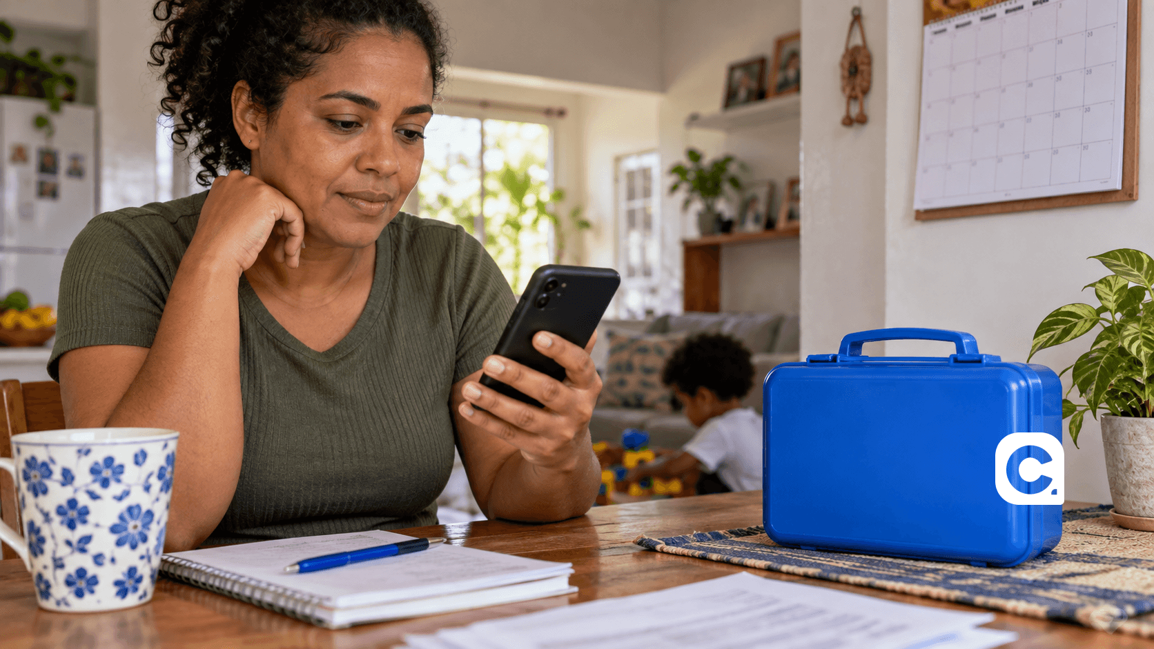 Responsável familiar consulta Bolsa Família em casa com caixa azul e símbolo Meu Consig.