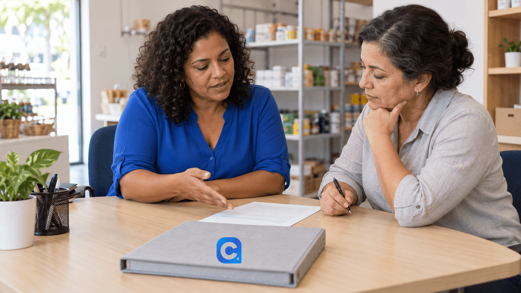 Trabalhadora de blusa azul conversa com colega administrativa sobre documento neutro, com símbolo Meu Consig no fichário cinza da mesa.