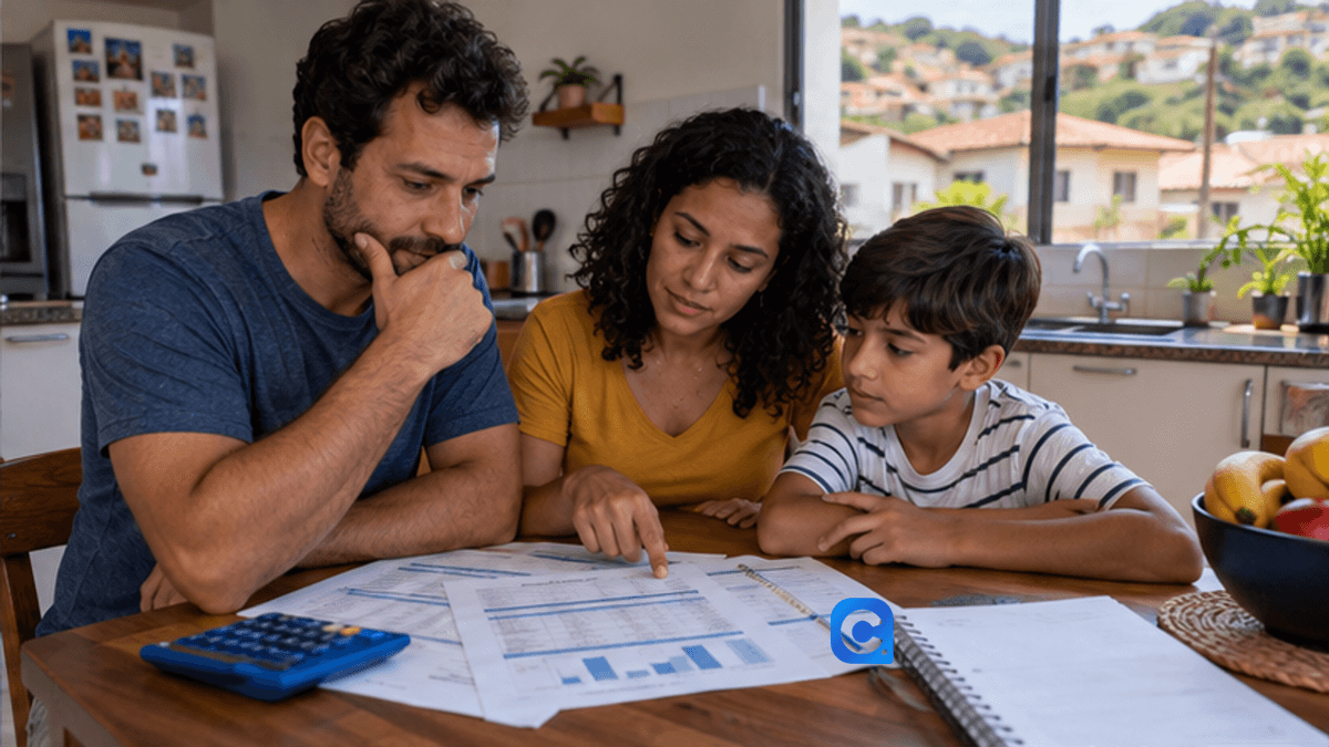 Família compara parcelas de financiamento imobiliário e documentos em mesa de casa
