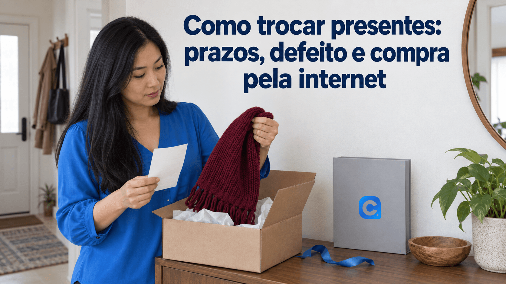 Mulher de blusa azul confere um cachecol retirado da caixa e comprovante sem dados, com símbolo Meu Consig na pasta cinza.